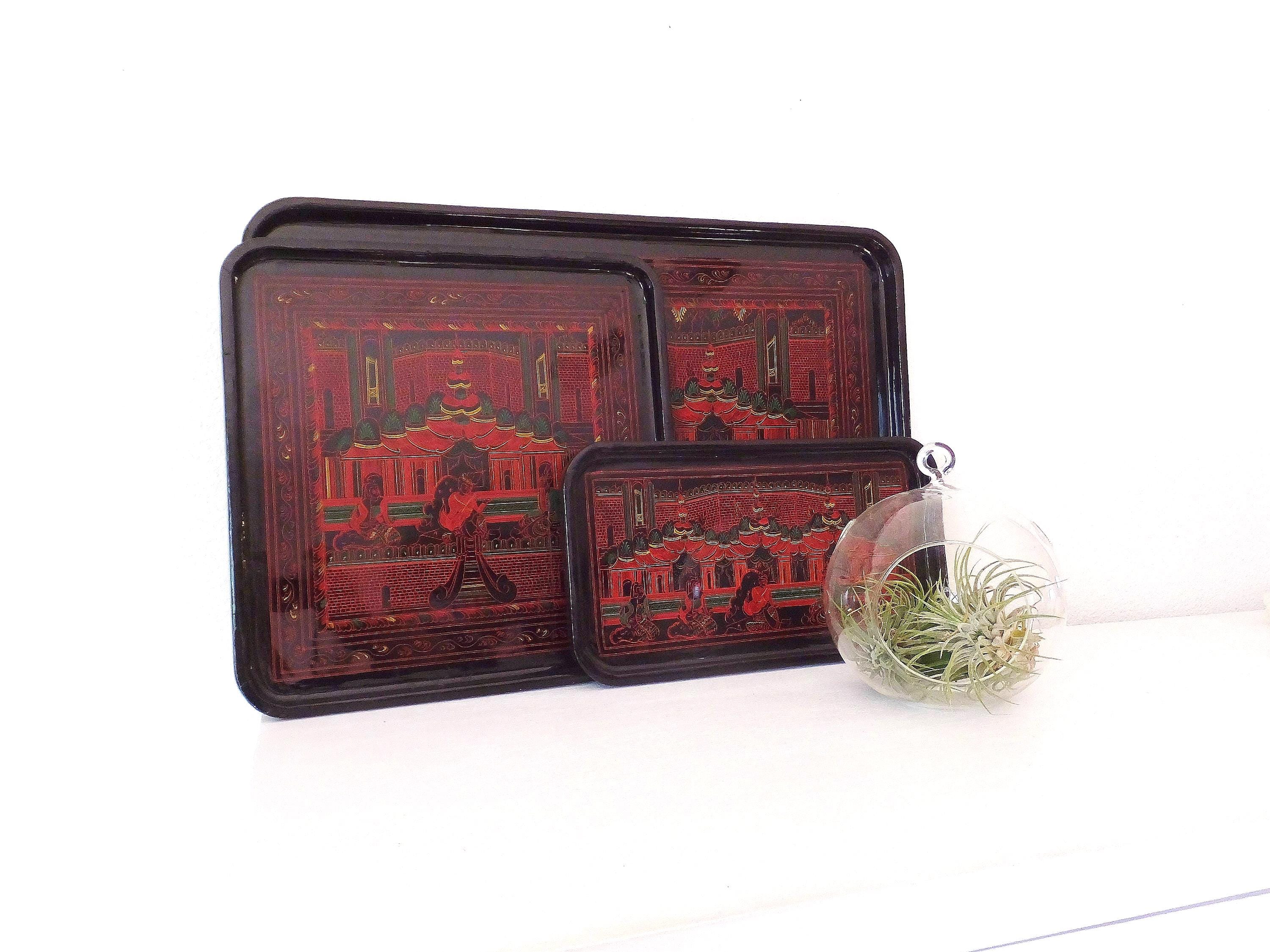 Vintage Burmese Lacquered Tray Set Mid Century Thai Asian