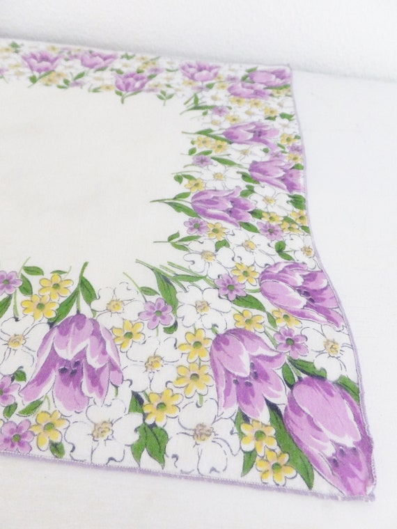 Vintage Purple Tulip Handkerchief Floral Hanky Gi… - image 1