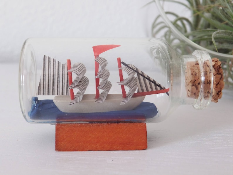 Mini Ship in a Bottle Miniature 1:12 Ship in Bottle Beach House Decor Adventurer Decor Small Ship Boat in Bottle Red and Blue Mini Decor image 5