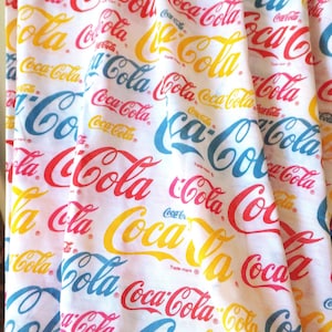 Coca Cola Fabric Jersey Fabric Coca Cola Trademark Logo Fabric Red Blue Yellow Print Fabric T-Shirt Fabric Stretch Knit Sewing Fabric