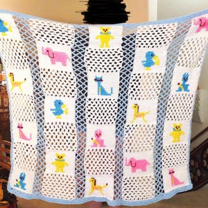 Vintage 1960&#39;s Crochet Baby Blanket White Blue & Neon Nursery Handmade Baby Blanket Gift for Baby Boy Baby Shower Gift Blanket