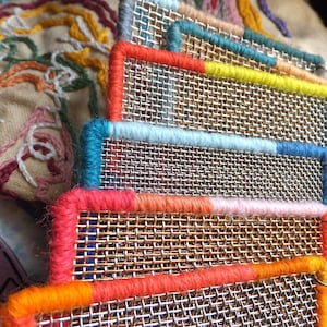 Large Mesh Earring Holder w/ Wire Mesh & Textile Border Made to Order Boho Jewelry Holder Earring Display Brooch