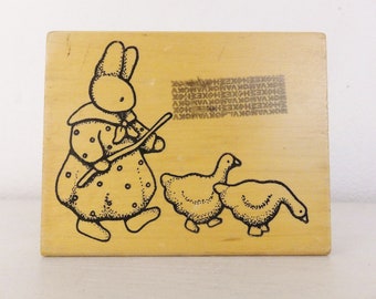 Vintage 1980's Daisy Kingdom Rubber Stamp 1988 Daisy Kingdom Bunny Girl Goose Girl with Geese Country Bunny Stamping Block