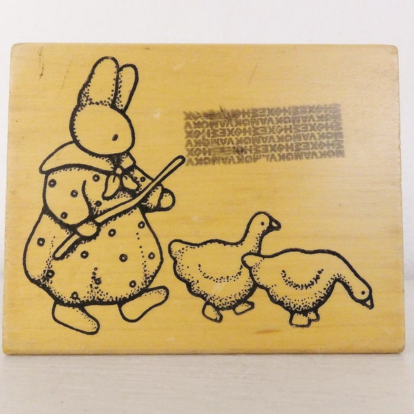 Vintage 1980's Daisy Kingdom Rubber Stamp 1988 Daisy Kingdom Bunny Girl Goose Girl with Geese Country Bunny Stamping Block