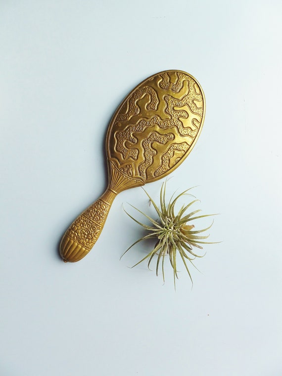 Antique Hand Mirror Repousse Gold Toned Mirror Ant