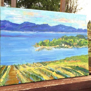 Contemporary Impressionist Landscape Painting in Blues Greens Yellow Bay Painting Ocean Painting Mountain Acrylic Painting Textured Painting