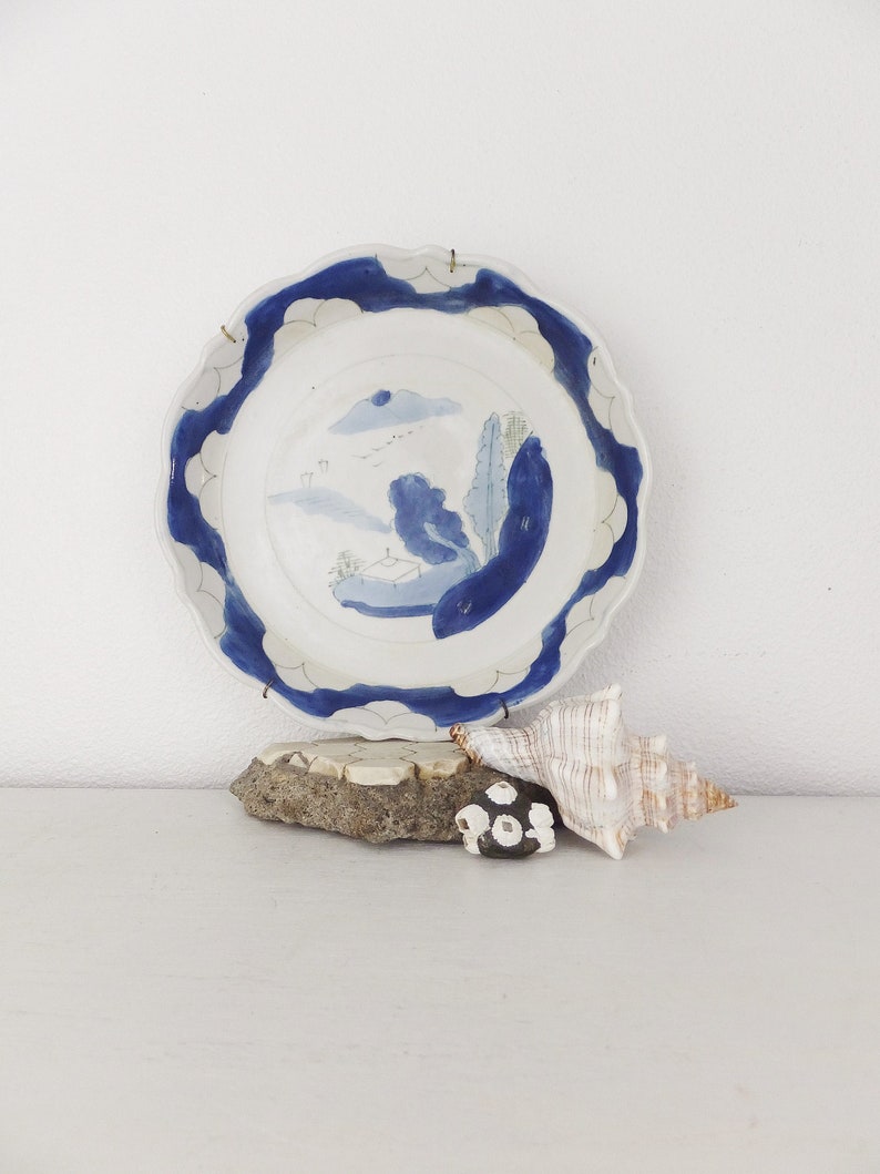 Antique Blue /& White Shallow Bowl in Asian Handpainted Motif of Landscape in Pastel Blue Shallow Serving Bowl Decorative Bowl Serving Dish