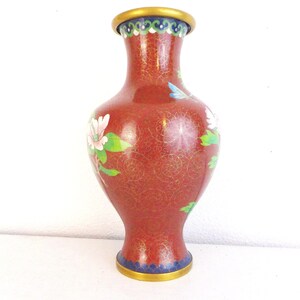 Vintage Chinese Cloisonne Vase: Red Peony Floral Enamel, Asian Decor image 4