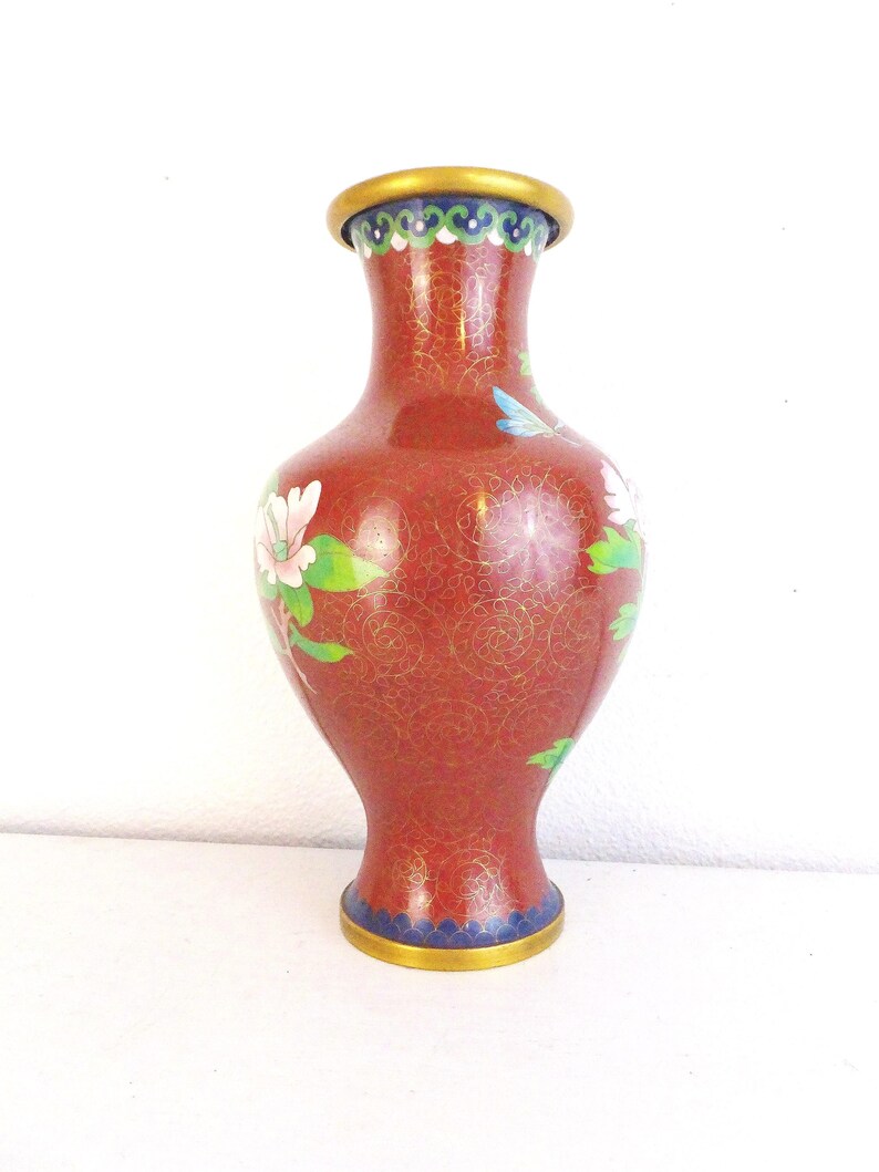 Vintage Chinese Cloisonne Vase: Red Peony Floral Enamel, Asian Decor image 4