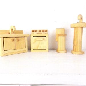 Wooden Dollhouse Furniture Set: Kitchen & Bathroom - Waldorf Style