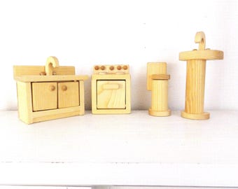 Wooden Dollhouse Furniture Set: Kitchen & Bathroom - Waldorf Style