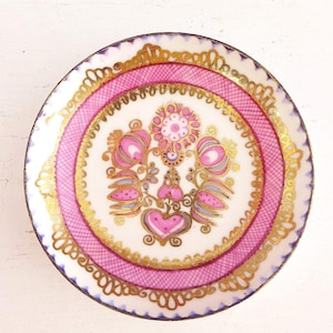 Steinbock Enamel Dish Austrian Enamel Dish Retro Folk Art Dish Trinket Dish Ring Dish Pink & Gold Small Gift Mom Friend Gift Made in Austria