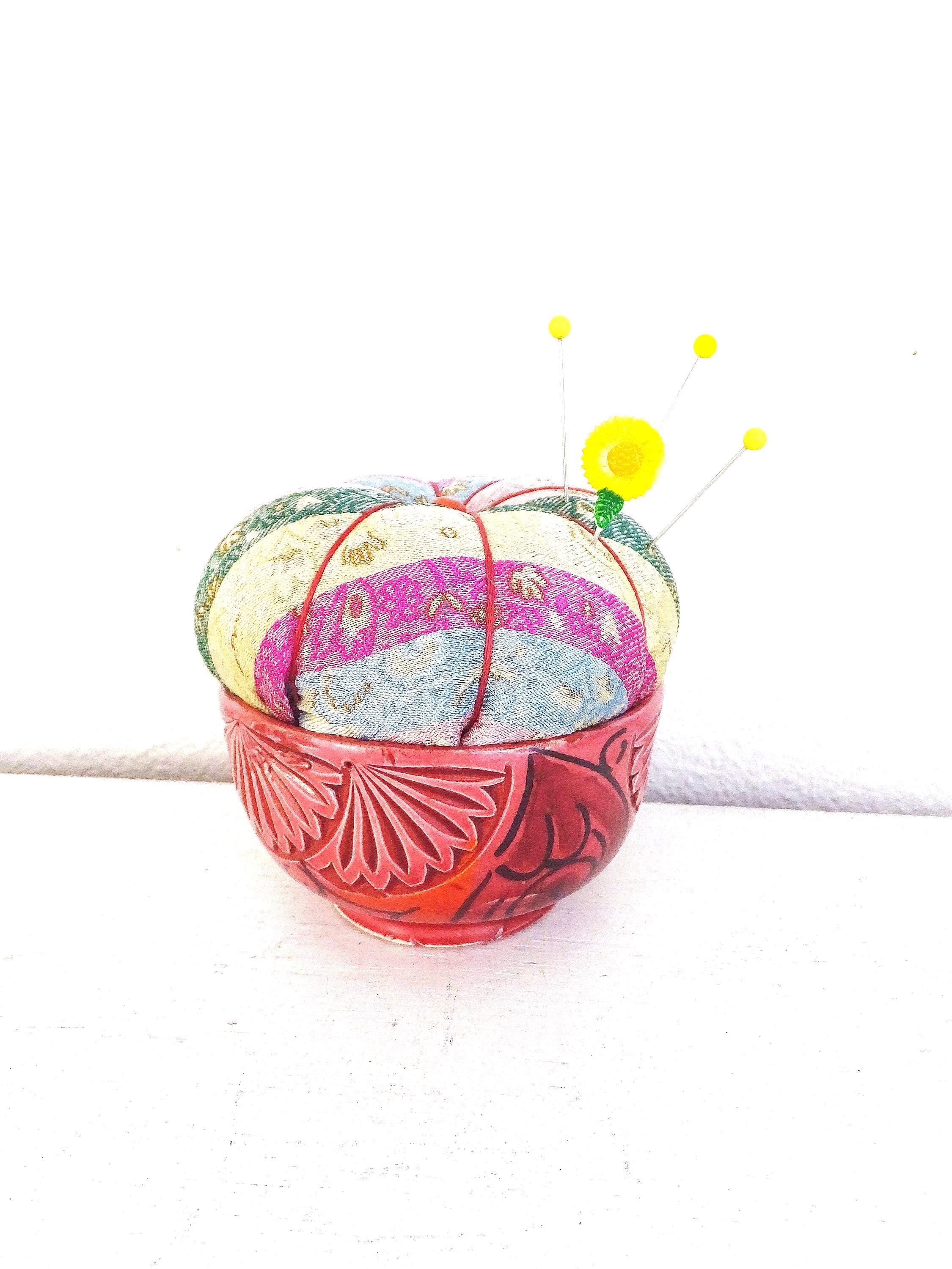 Vintage Teacup Pincushion: Brocade Damask, Hand-Painted Mexican Cup
