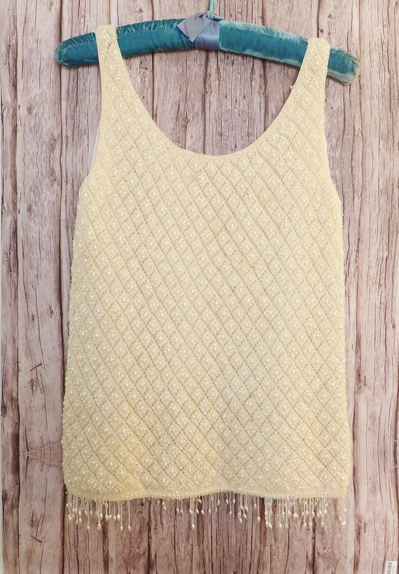 Beaded Sequin Sweater Tank Top in Pearly White Cre