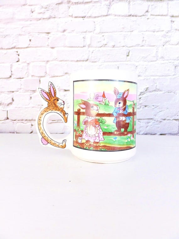 Vintage 1980s Easter Bunny Mug: Retro Rabbit Handle, Country Scene