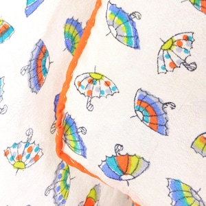 Silk Scarf with Umbrellas Cute Japanese Neck Tie Scarf Square Hemmed Real Silk with Orange Border Vintage 1960&#39;s Scarflette 1950&#39;s Hair Tie