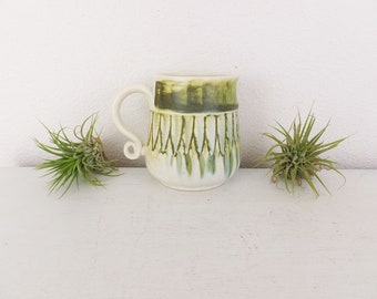Mid Century Style Art Pottery Creamer Small Pitcher in Green & White Syrup Pitcher Pencil Holder Ceramic Mug 1960's Art Pottery Style
