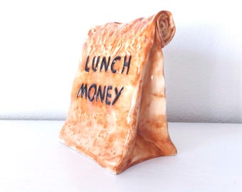 Vintage Ceramic Piggy Bank - Mid-Century Brown Bag Lunch, Retro Coin Storage, Funny Back-to-School Gift Novelty Pottery Trompe L&#39;oeil