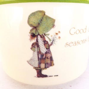 Holly Hobbie Mug Soup Bowl Country Living Earthenware Mug Avocado Green & Cream &quot;Good company seasons the meal&quot; Holly Hobby Bowl with Handle