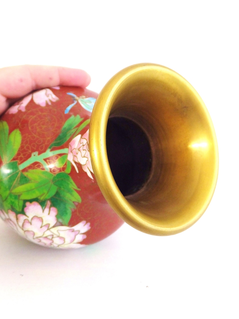 Vintage Chinese Cloisonne Vase: Red Peony Floral Enamel, Asian Decor image 6
