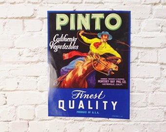 Vintage Crate Label Pinto Fruit Crate Label Vegetable Crate Label Print for Framing Farmhouse California Ranch Decor Cowboy Print Horse Art