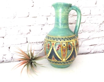 Mediterranean Pitcher Terracotta Vase Coastal Italian Rustic Boho Decor Aqua Green Ubeda Hand Painted Turquoise Ceramic Vessel Bohemian