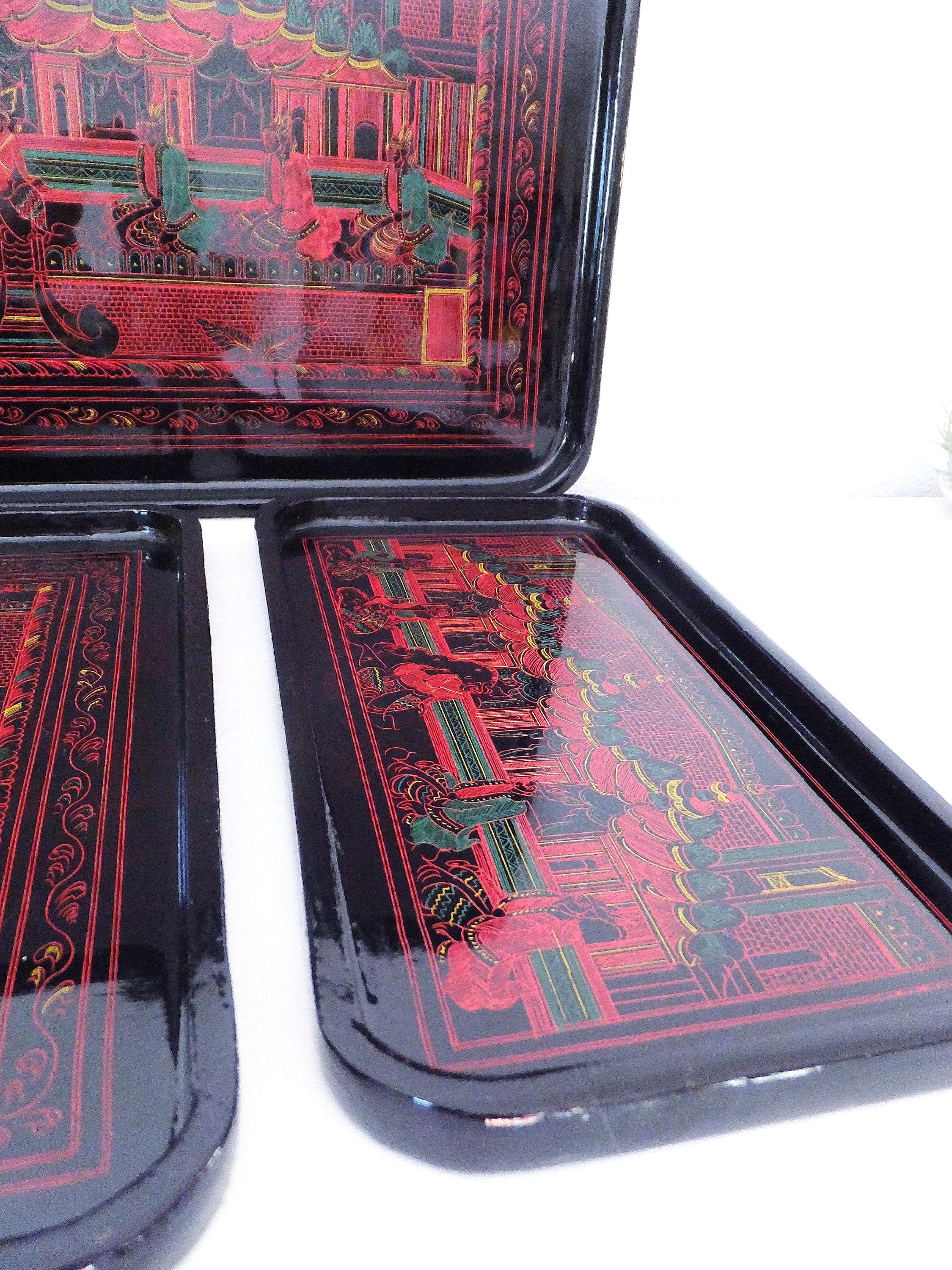 タイ北部のアンティーク　Kalong 焼 Vintage Burmese Lacquered Tray Set Mid Century Thai Asian