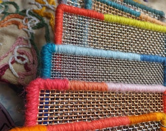 Large Mesh Earring Holder w/ Wire Mesh & Textile Border Made to Order Boho Jewelry Holder Earring Display Brooch