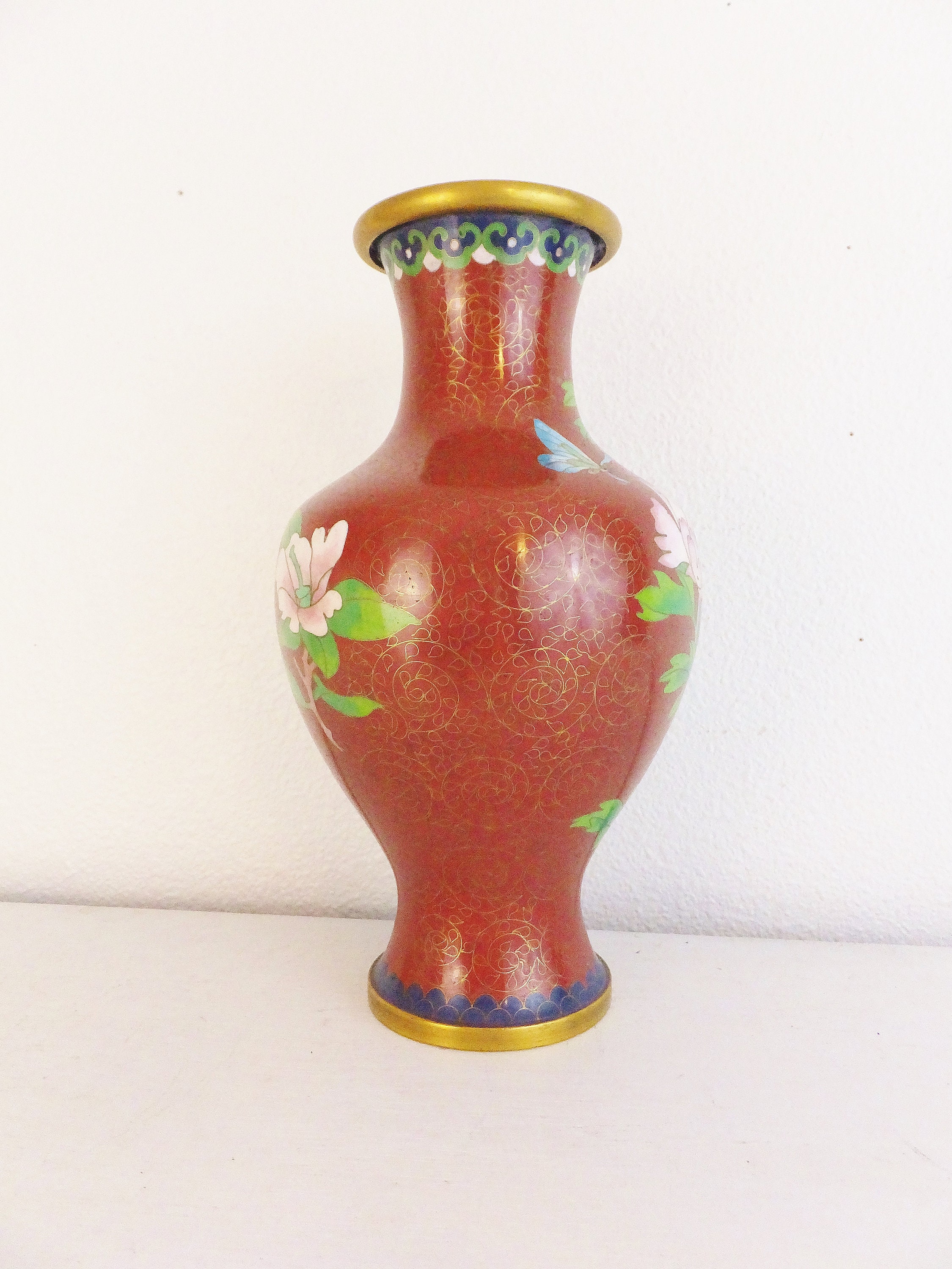 Floral Chinese Cloisonne Vase Gold & Red Enamel Vase Asian Etsy