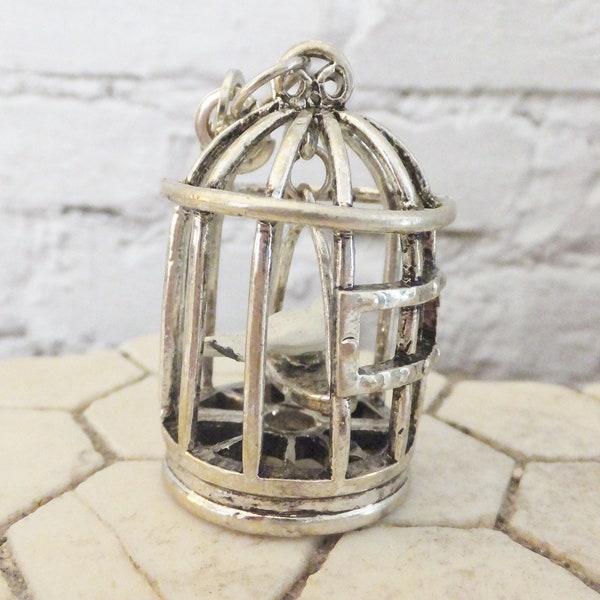 Miniature Bird Cage Vintage 1970's Metal Mini Figurine of a Little White Dove in Bird Charm Caged Bird Pendant Doll House Diorama Doll Pet