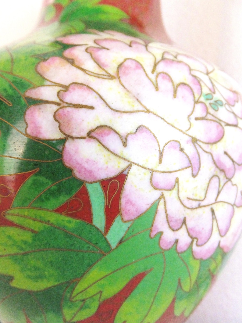 Vintage Chinese Cloisonne Vase: Red Peony Floral Enamel, Asian Decor image 9