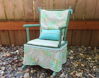 Vintage Upholstered Children's Rocking Chair Aqua Blue Light Green Childrens Nursery Decor Gift for Child Toddler Rocking Chair Child Rocker