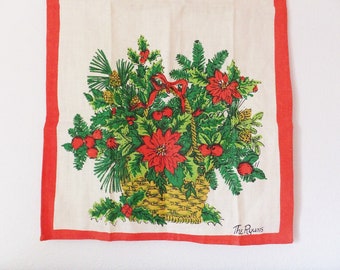 Vintage Linen Christmas Tea Towel "The Ryans" Xmas Table Centerpiece Poinsettia Mid Century Christmas Decor Vtg 60's Bar Towel 1960's Xmas