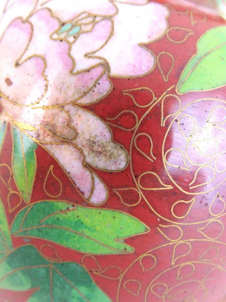 Vintage Chinese Cloisonne Vase: Red Peony Floral Enamel, Asian Decor image 8