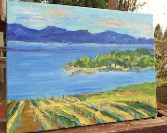 Pintura de paisaje impresionista contemporánea en Blues Greens Yellow Bay Painting Ocean Painting Mountain Acrylic Painting Textured Painting