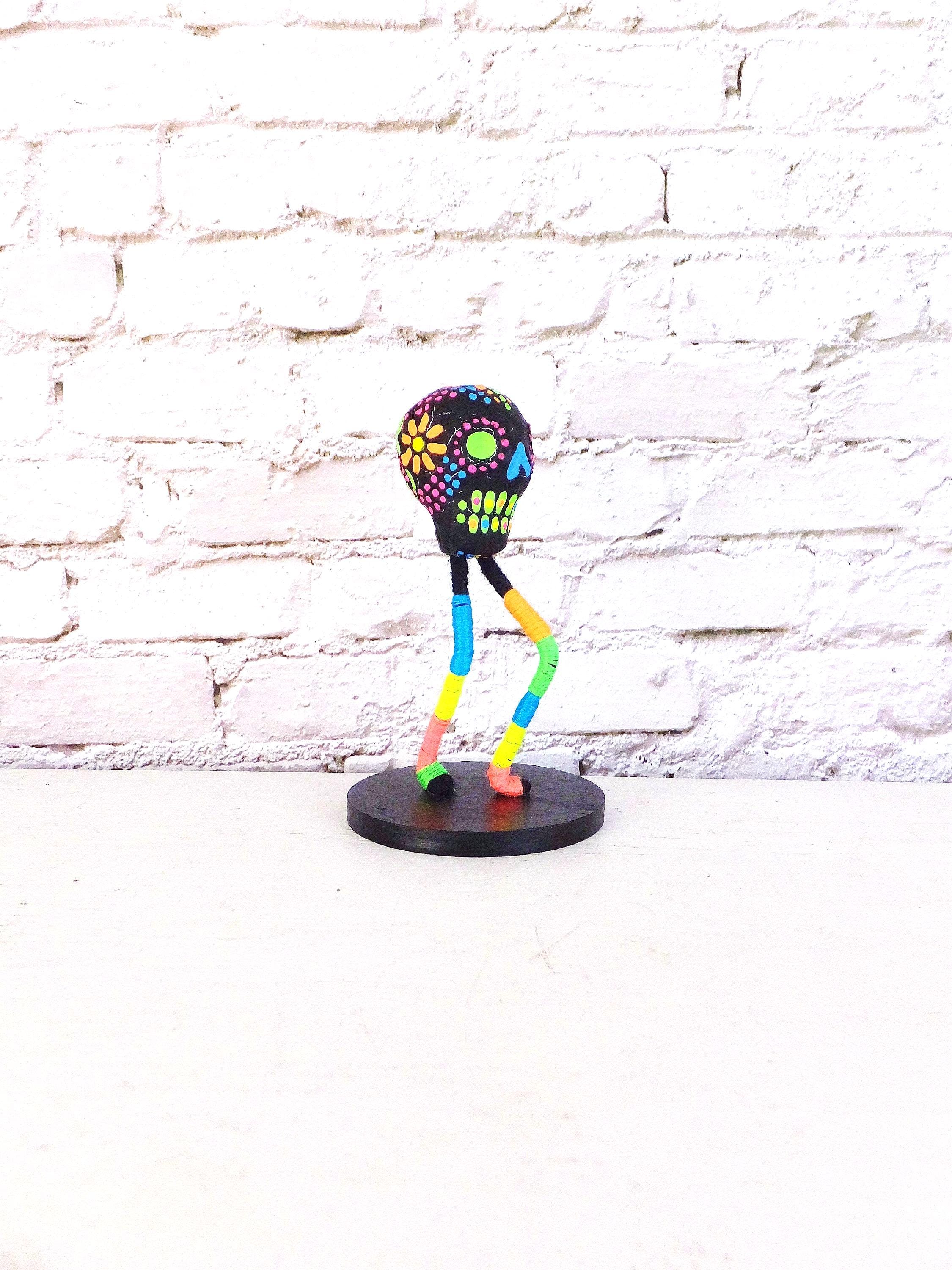 Dia De Los Muertos Inspired Dancing Head Sugar Skull Sculpture in Black and Neon Day of the Dead Halloween Figurine Neon Skull Skeleton Art