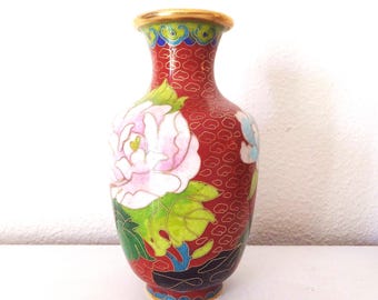 Vintage Red Cloisonne Vase: Gold Enamel Peony Floral, Chinoiserie Decor