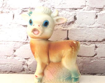 Vintage Stahlwood Rubber Squeaky Cow Toy: 1970s Pastel Bath Decor