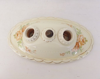 Vintage Ceiling Lamp with Peach Pink Rose Floral Motif Old House Parts Ceramic Ceiling Light Fixture w/ Flowers Double Bulb Fixture Hallway