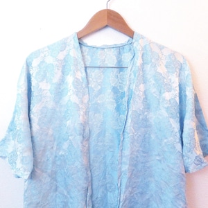 Vintage 1960&#39;s Light Blue Damask Silky Robe Handmade Vintage Robe Silky House Coat Housecoat Floral Damask Satin Nightie Vintage Lingerie