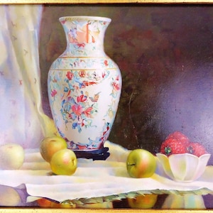 Fine Art Oil Painting Still Life of Oriental Vase & Fruits with Ornate Gold Frame Classic Decor Traditional Decor Thick Gold Frame Realism