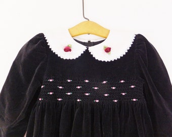 Black Velvet Smocked Girls Dress with Pink Floral Embroidery and White Lace Girls Holiday Dress Girls Christmas Dress Child's Funeral Dress