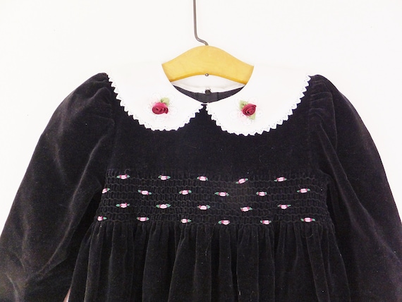 Black Velvet Smocked Girls Dress with Pink Floral… - image 1