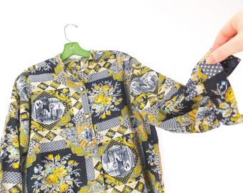 Vintage 70s Blouse: Geometric Folksy Witch Print Boho Top, Size Large