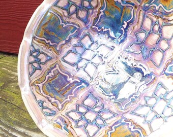 Vintage Yingling Pottery Bowl: Ornate Floral Relief Glaze, Blue Brown Decor