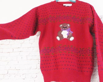 Vintage 1980's Teddy Bear Sweater Magenta Pink Sweater with Teddy Bear Applique Sweater Exchange Sweater Girls 80's Sweater Size Small Top