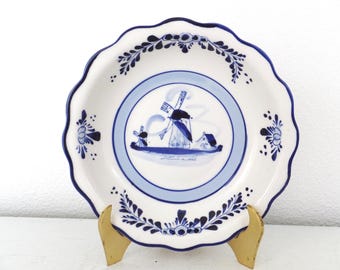Cuenco Delft antiguo: Escena de molino de viento pintada a mano, decoración holandesa