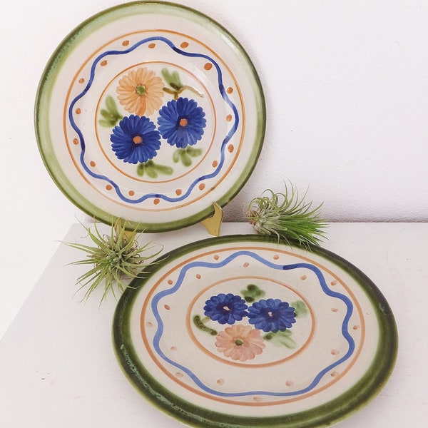 John B Taylor Ceramic Antique Spongeware Plates Louisville Stoneware Folk Art Floral Hand Painted Farmhouse Kitchen Decor Vintage 1940's