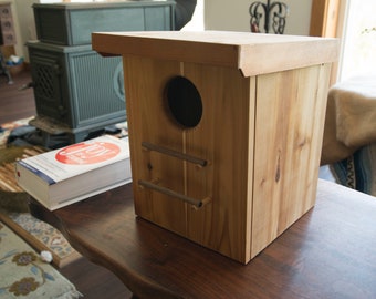 May include: A wooden birdhouse with a small entrance hole and a ladder on the front. The birdhouse is sitting on a wooden table.