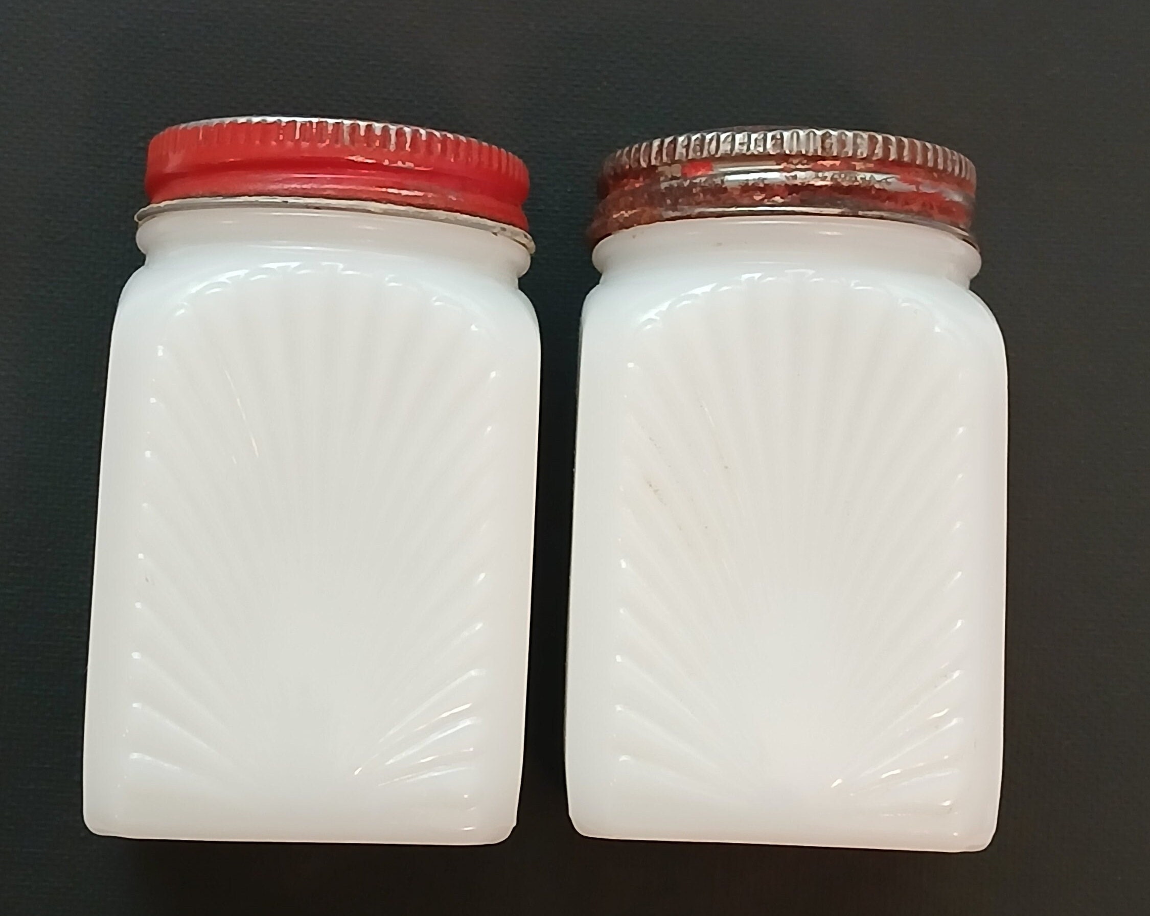 Vintage Hazel Atlas Sunburst Pattern Milk Glass Shakers With Lids - Etsy
